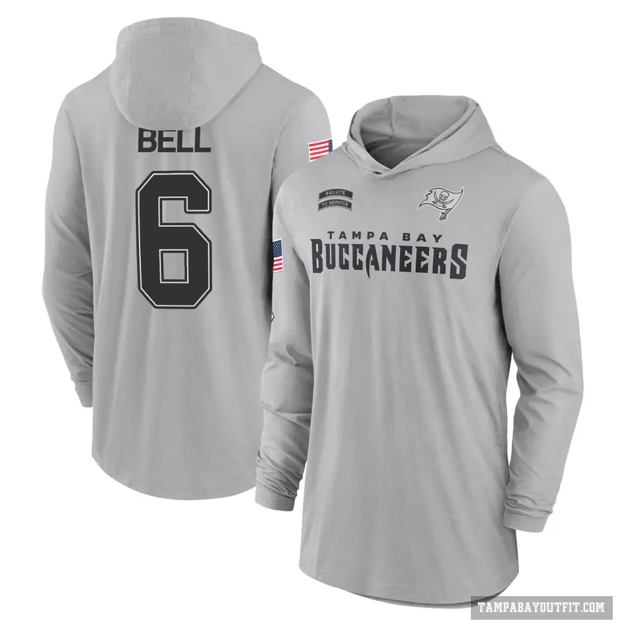 Men's ＃6 Le'Veon Bell Tampa Bay Buccaneers Gray 2024 Salute to Service Lightweight Performance Long Sleeve Hooded T-Shirt